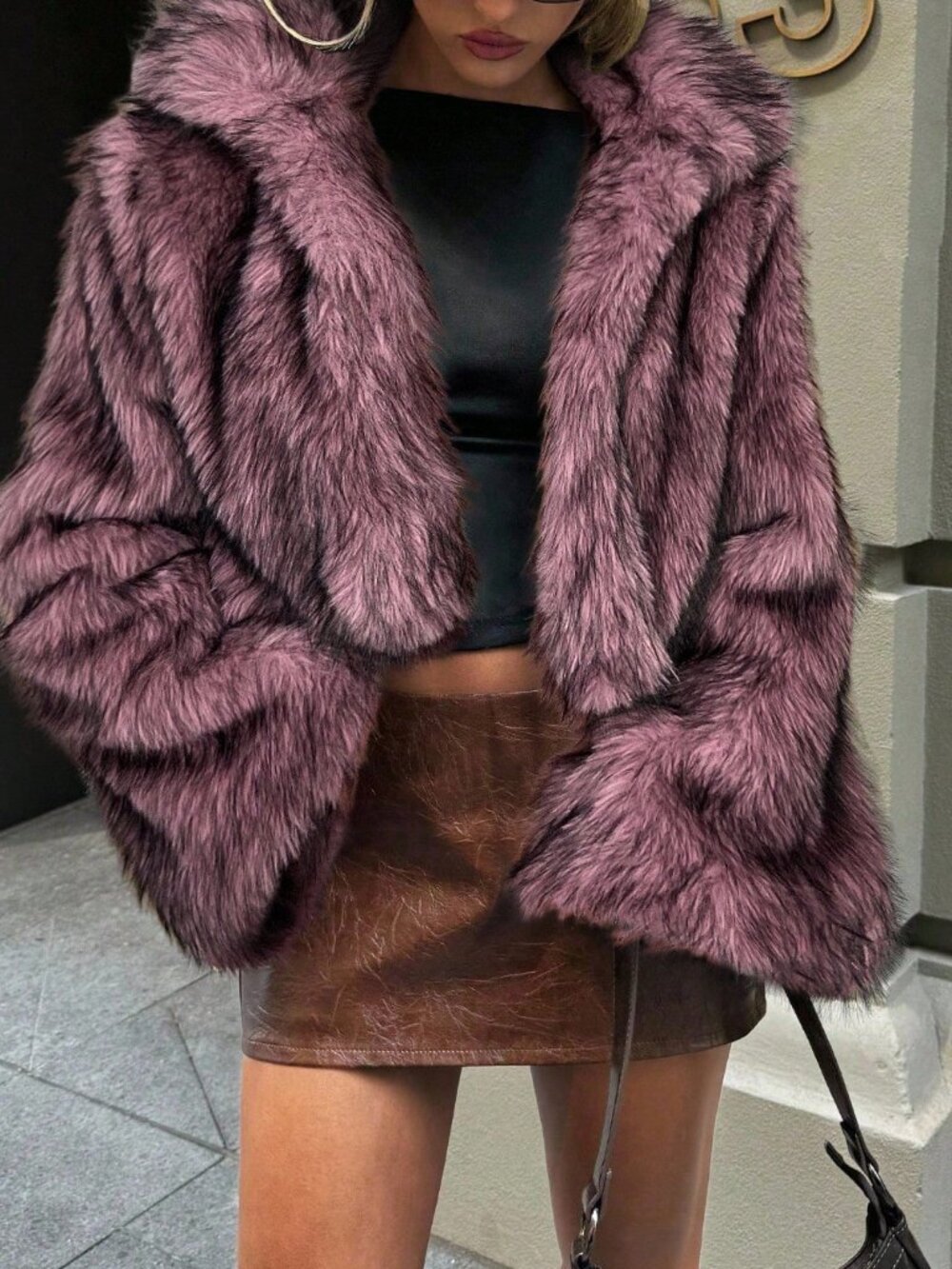 Dusty Pink Casual Women's Faux Fur Collar Open Front Warm Coat
